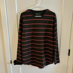 Men’s BYLT Basics Green And Red Striped Long Sleeve Shirt - Size M -Drop Cut Lux